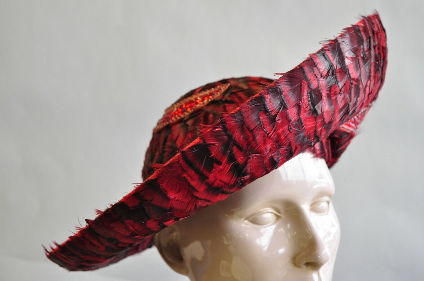 Vintage Jack McConnell Red Feather Rhinestone Wide Brim Wool Church Derby Hat