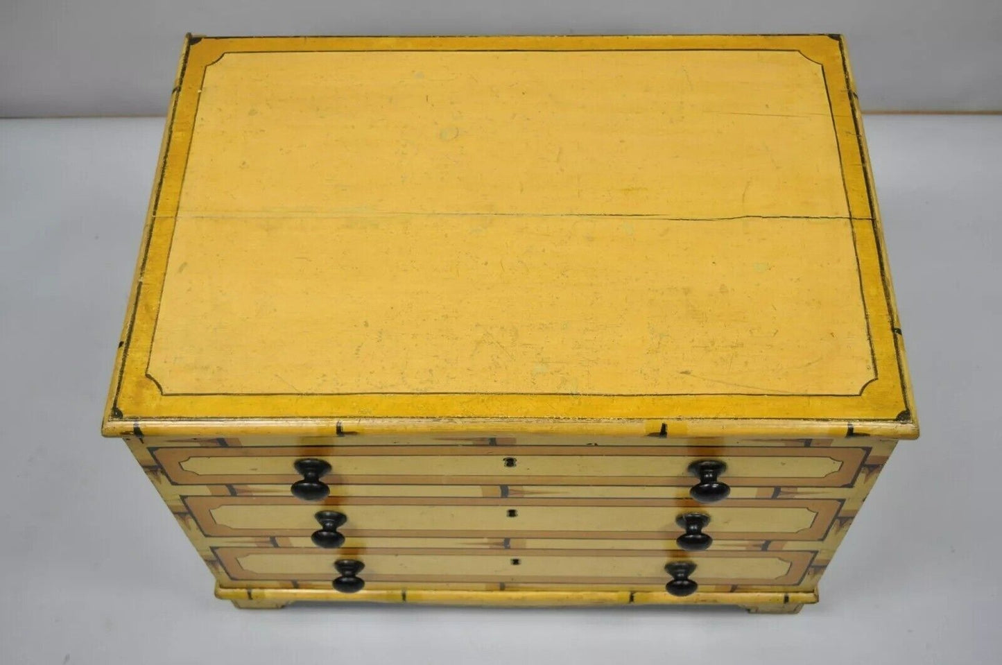 Antique Yellow Painted Cottage Primitive Folk Art Small Trunk Faux Spool Cabinet