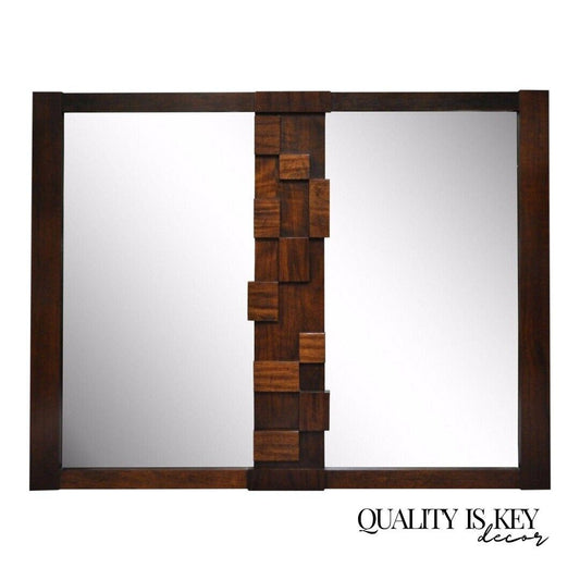 Lane Brutalist Cubist Vintage Mid Century Modern Walnut Rectangular Mirror