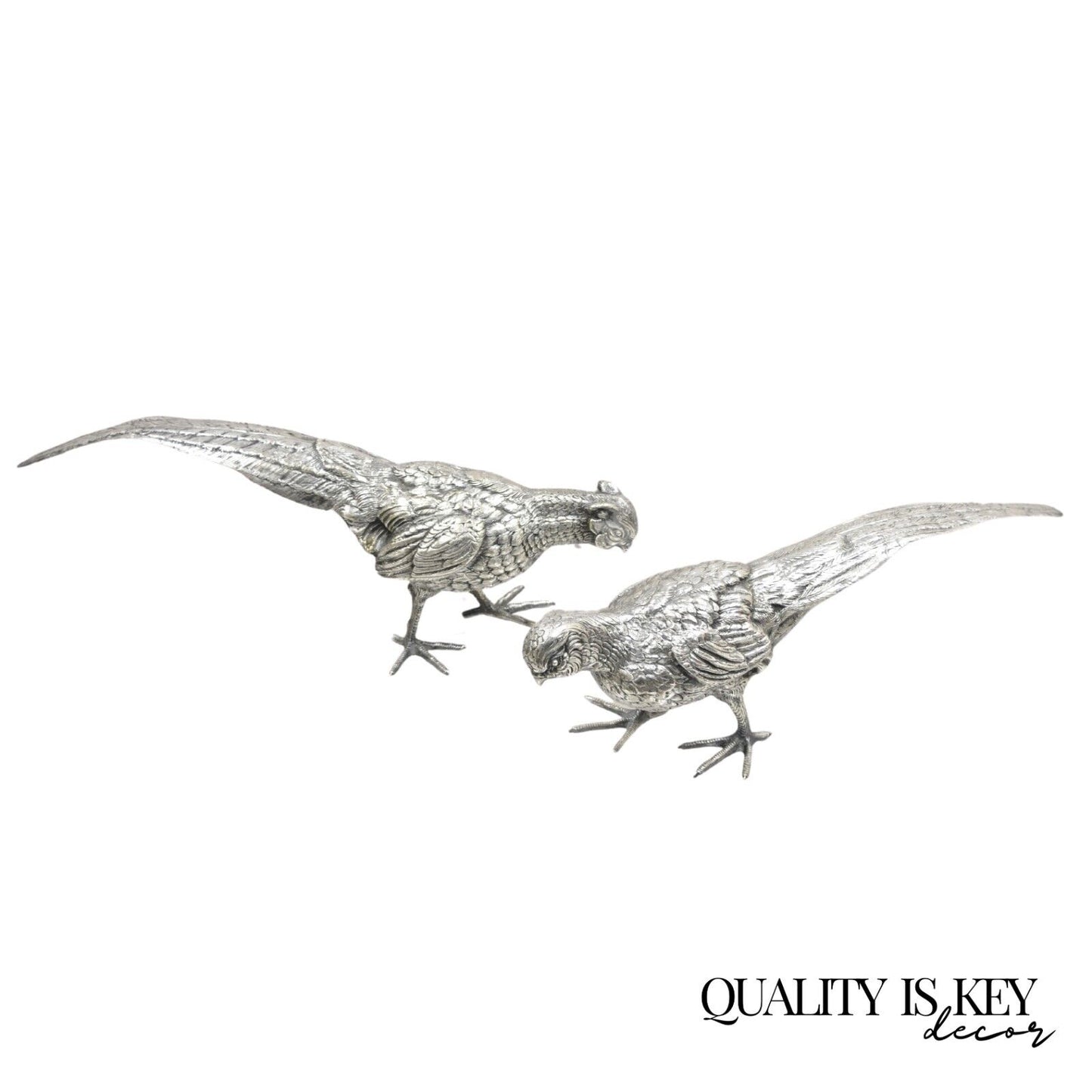 Vintage Hollywood Regency Spain Silver Plated Pheasant Bird Figures - a Pair