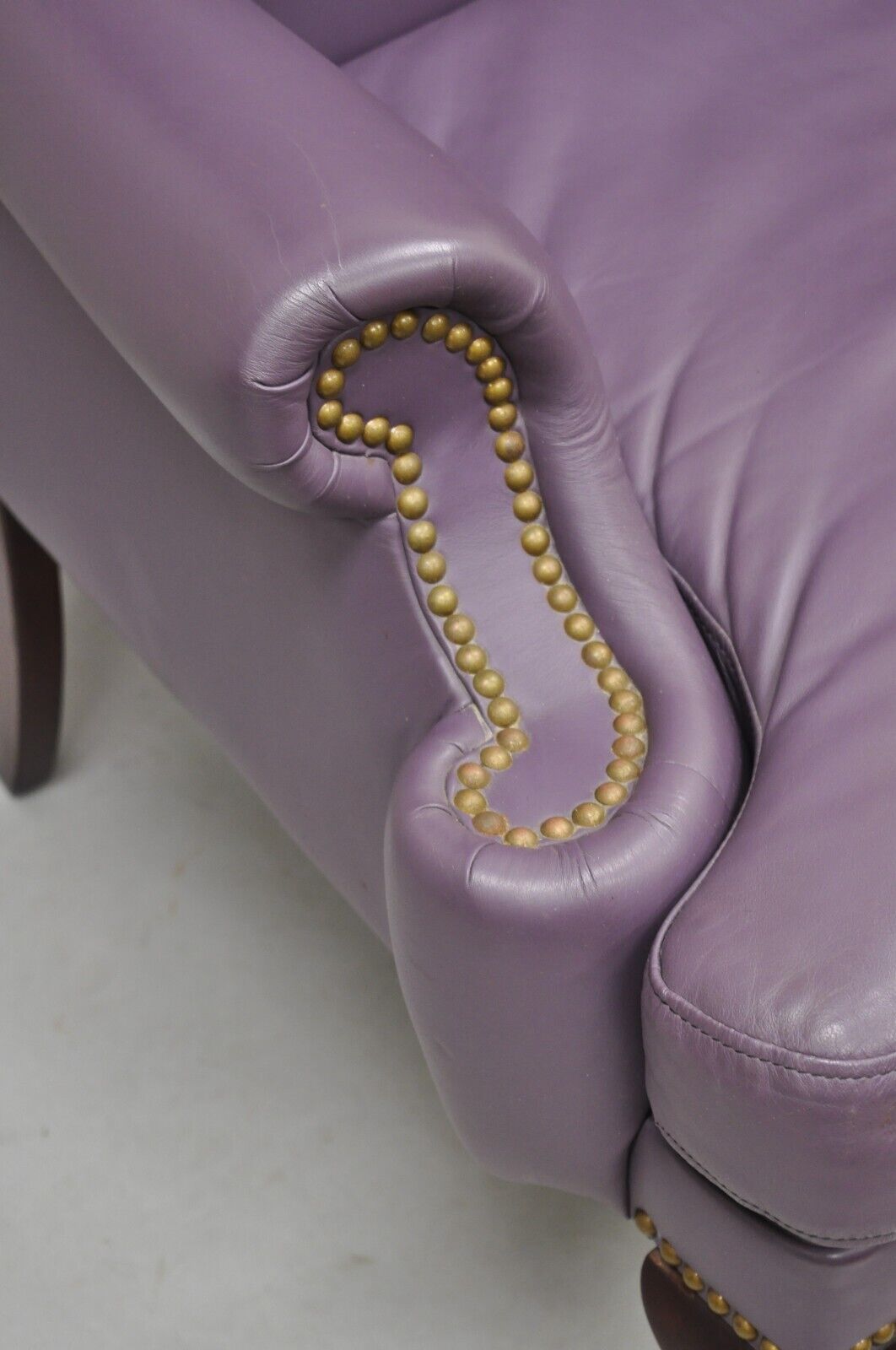 Queen Anne Style Purple Leather Wingback Chair with Nail Heads by Leather Center