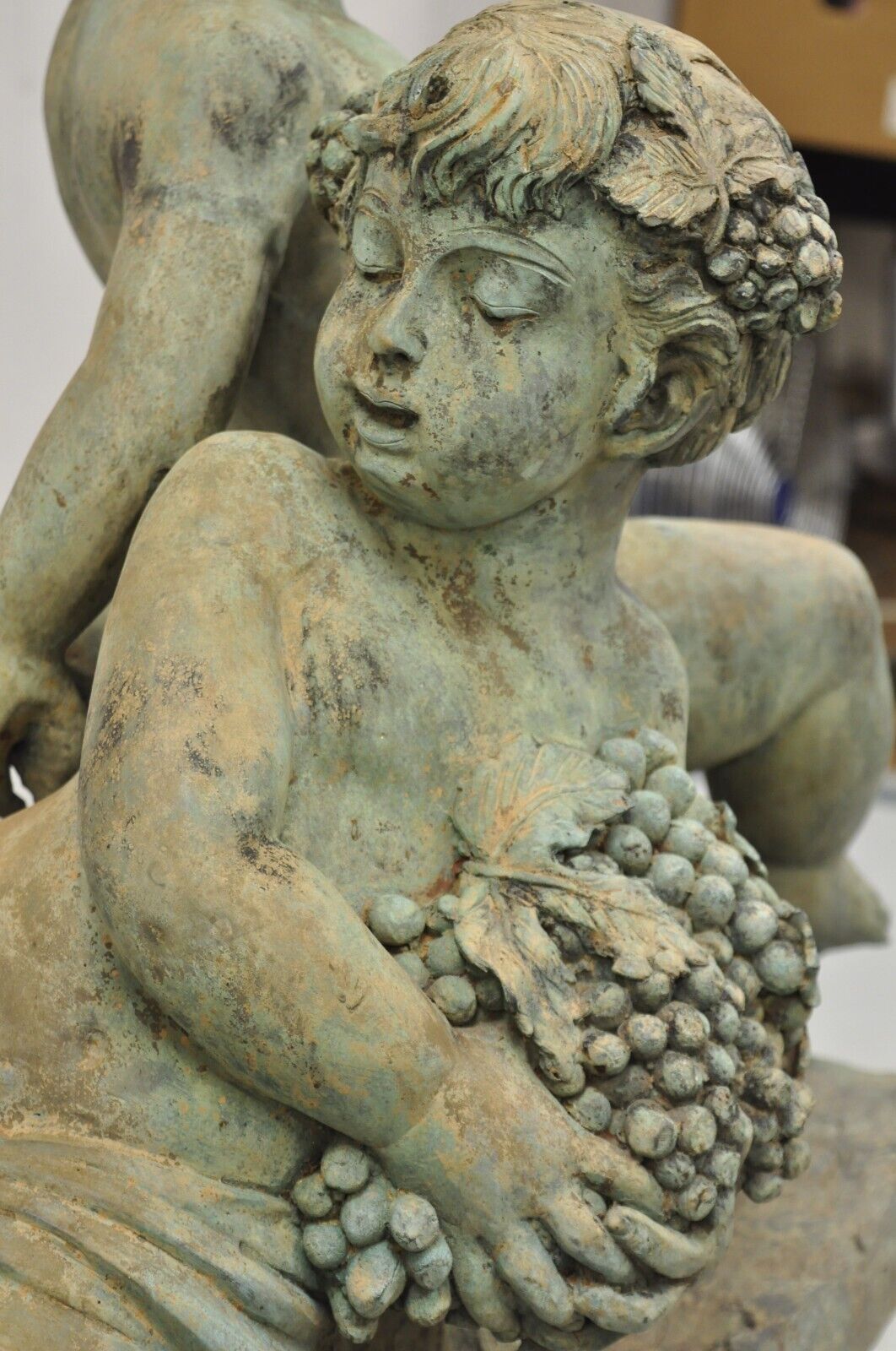 French Neoclassical Style Verdigris Bronze Large Bacchus Cherubs Putti Sculpture