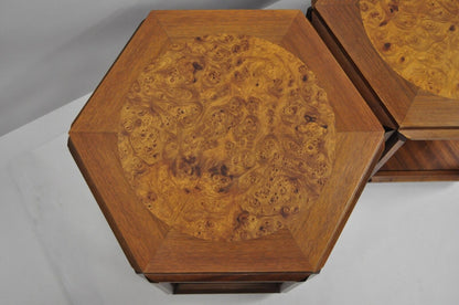 John Keal Brown Saltman Burl Wood Hexagon Mid Century Modern Side Table Set of 3