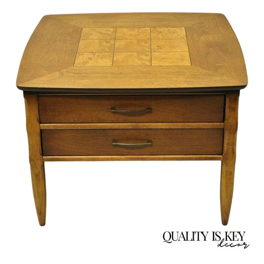 Lane Mid Century Modern Walnut 2 Drawer Lamp End Table with Burlwood Inlay Top