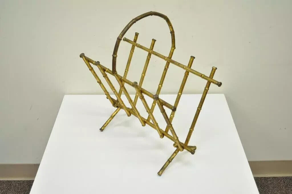 Vtg Italian Hollywood Regency Gold Gilt Faux Bamboo Tole Magazine Rack Holder