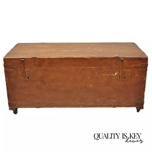 19th C Antique Brown Distress Painted Pine Wood Dovetailed Blanket Chest Trunk