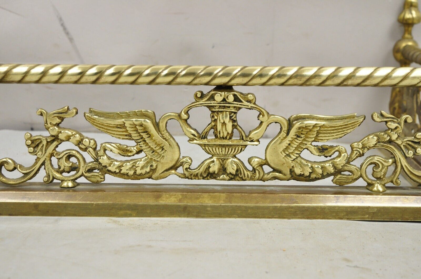 Antique Victorian Figural Swan Bird Twisted Brass 48" Fireplace Fender Surround