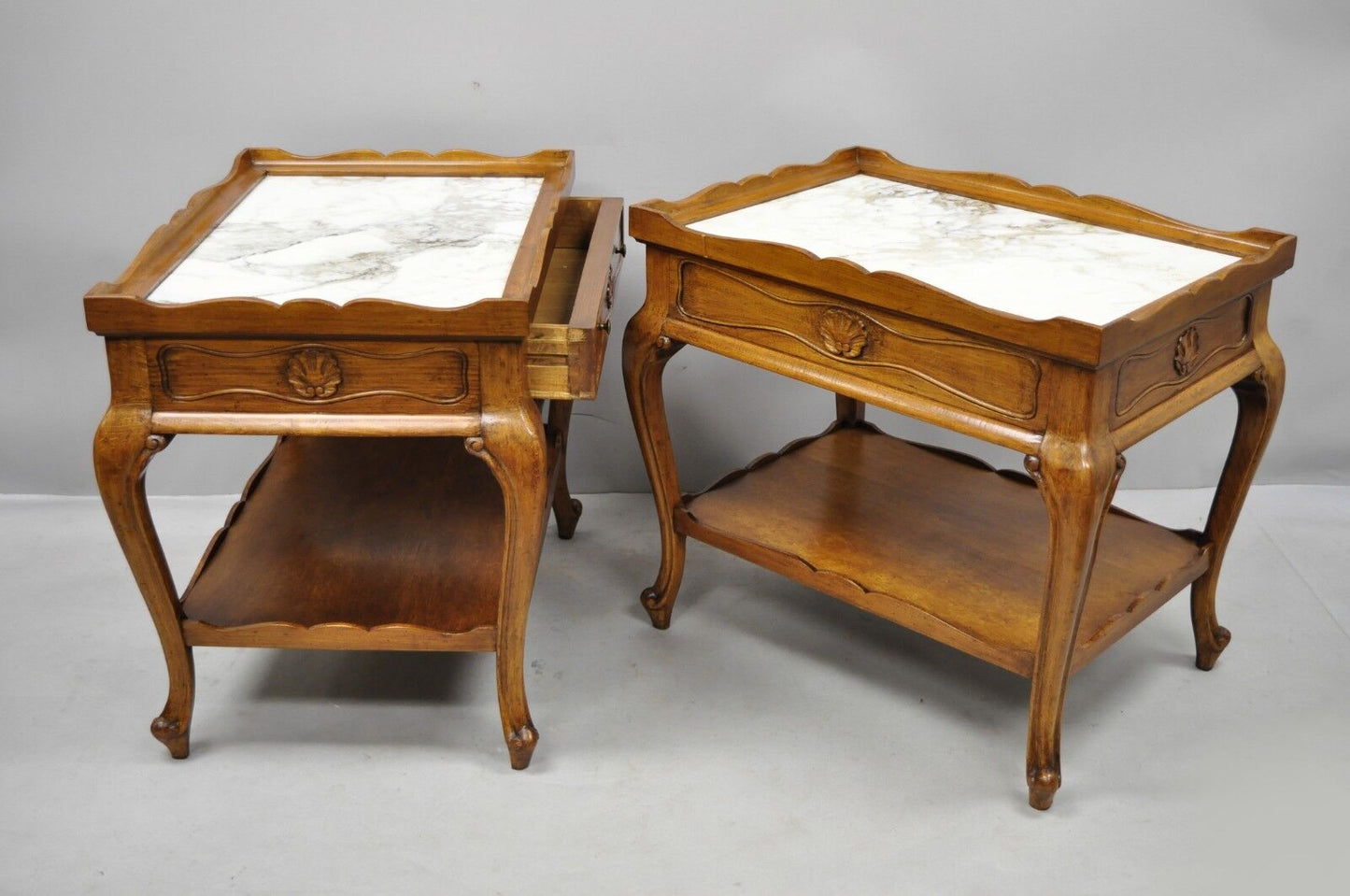 French Country Provincial Style Marble Top Shell Carved Danby End Tables - Pair