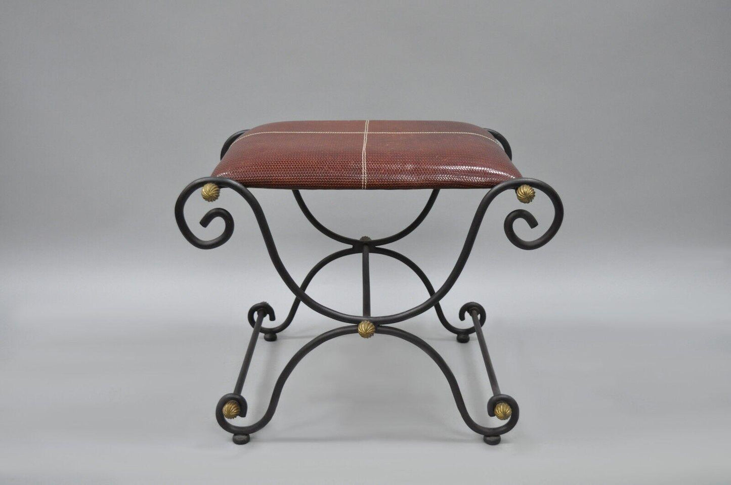 Spanish Regency Style Iron X-Base Curule Bench Stool with Red Woven Leather Seat