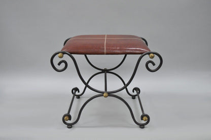 Spanish Regency Style Iron X-Base Curule Bench Stool with Red Woven Leather Seat