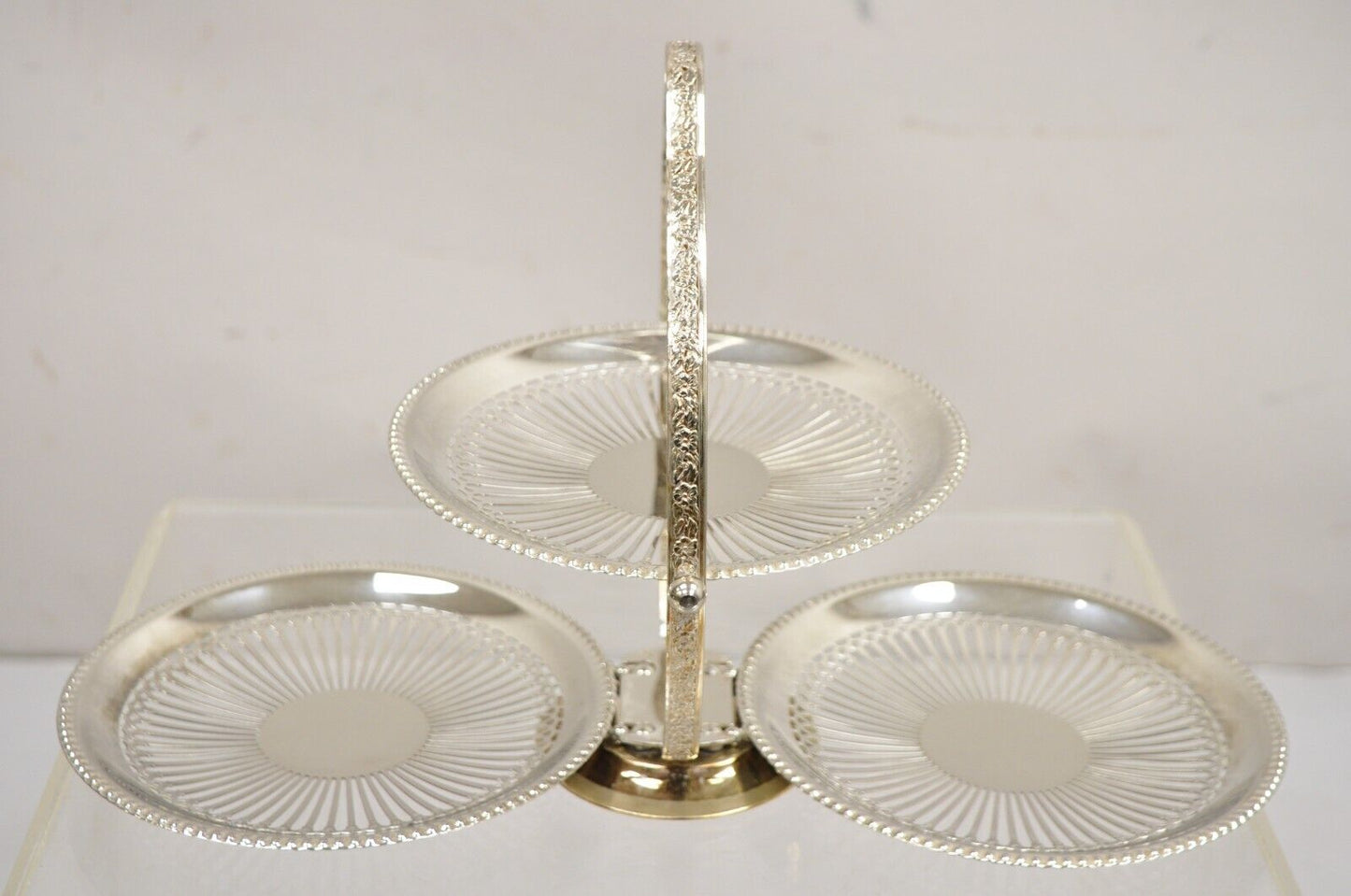 Vintage English Edwardian Style Silver Plated 3 Tier Folding Dessert Tray Stand