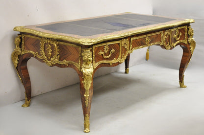 French Louis XV Style Figural Bronze Ormolu Leather Top Bureau Plat Writing Desk