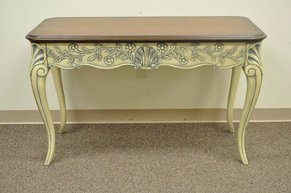 Vintage Louis XV French Country Style Shell Carved 2 Drawer Console Hall Table