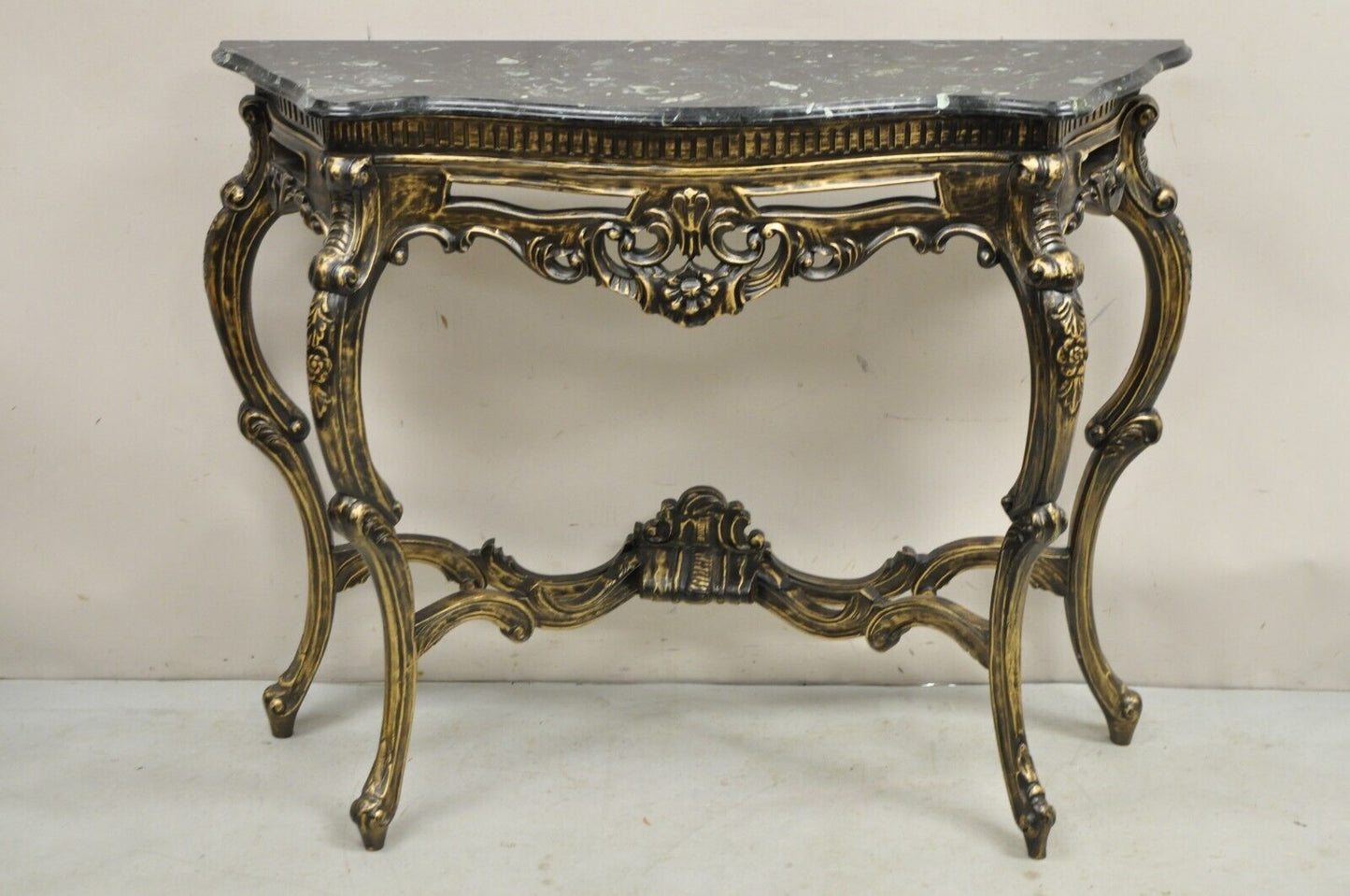 Reproduction French Baroque Style Marble Top Black & Gold Console Table