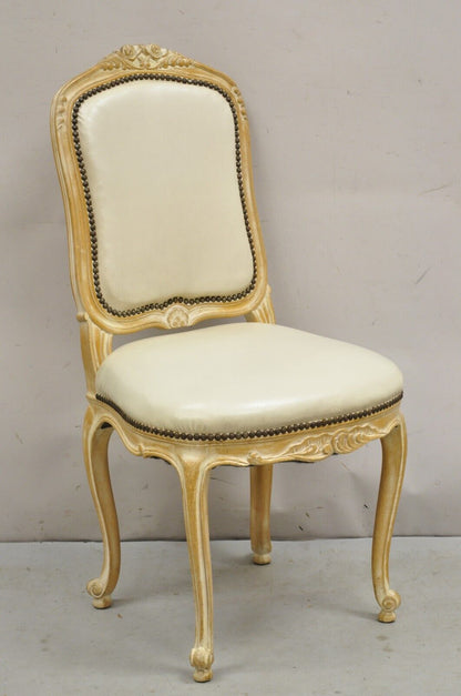 Vintage French Louis XV Style Distress White Washed Dining Side Chair - Set of 4