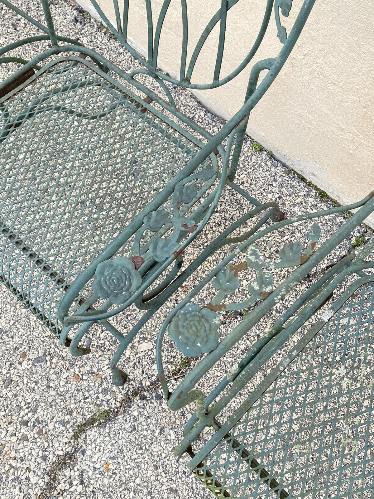 Wrought Iron Green Woodard Rose Style Garden Patio Springer Chairs - Set of 4