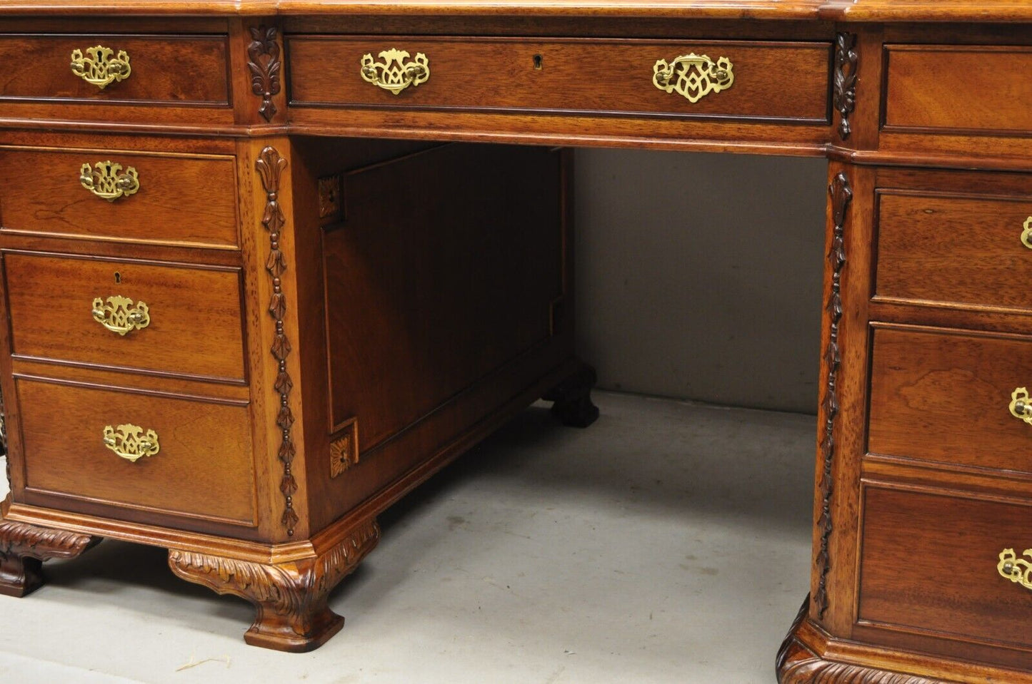 Vintage Chippendale Style Double Sided Leather Top Executive Partners Desk