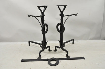 Mission Arts & Crafts Wrought Cast Iron Long Fireplace Andirons & Base - 3pc Set