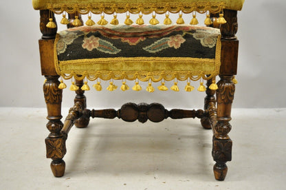 19th C Italian Renaissance Carved Walnut Figural Needlepoint Throne Arm Chair