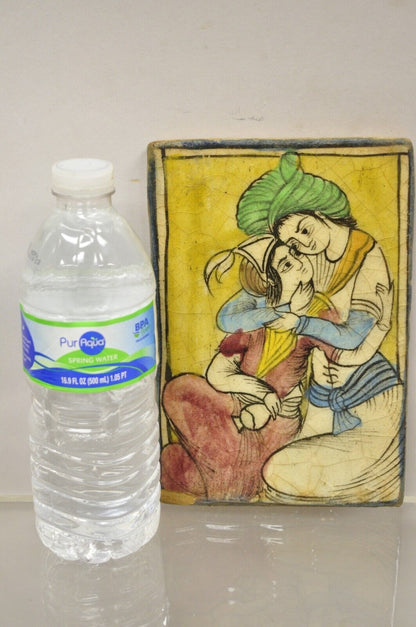 Antique Persian Iznik Qajar Style Ceramic Yellow Pottery Tile Loving Couple B C5