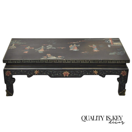 Vintage Chinese Oriental Black Lacquer Hand Painted Low Asian Side Table