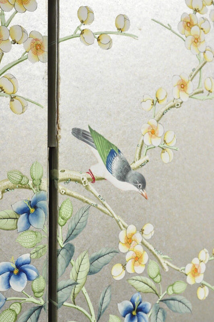 Vintage Chinoiserie Silver Leaf Birds Butterflies 4 Panel Screen Room Divider A