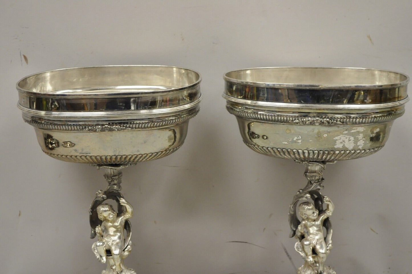 French Rococo Style Silver Plated Cherub Dome Centerpiece Fruit Bowls - a Pair