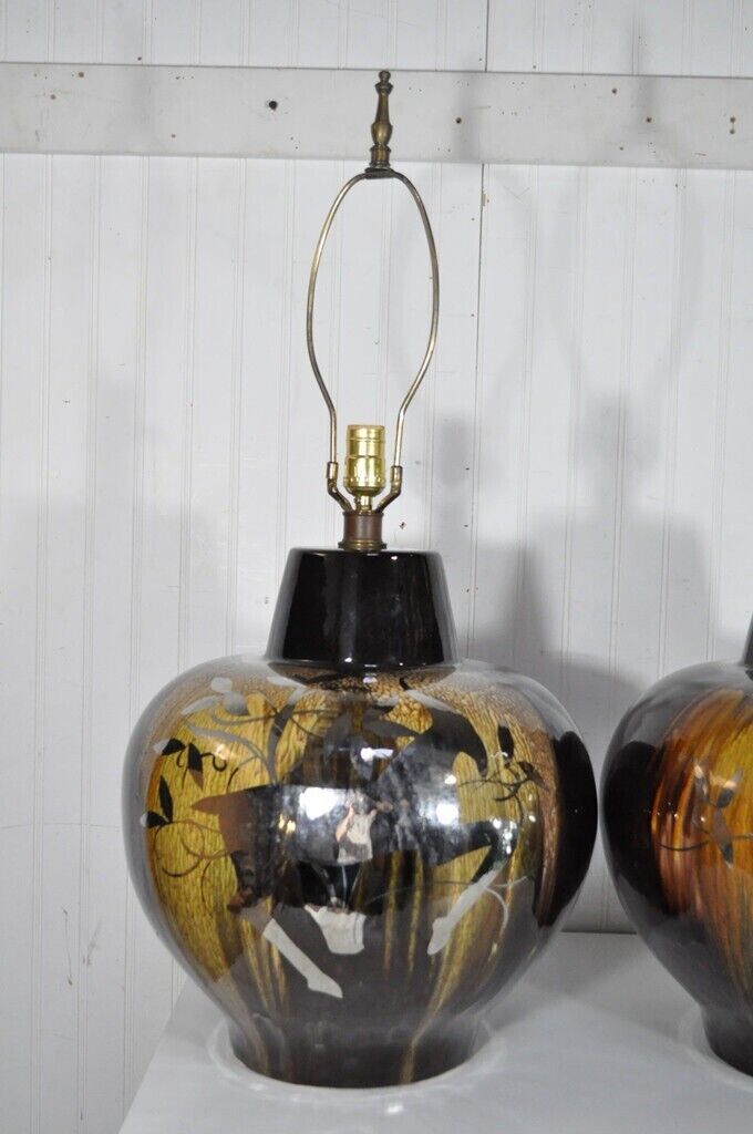 Pair Vintage Mid Century Modern Gazelle Ram Drip Glaze Pottery Table Lamps