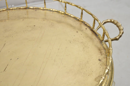 Vintage Hollywood Regency Faux Bamboo Solid Brass Round Serving Platter Tray