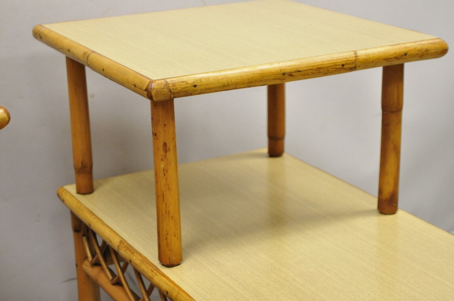 Vintage Tiki Rattan Mid Century Bamboo Step Up End Tables - a Pair