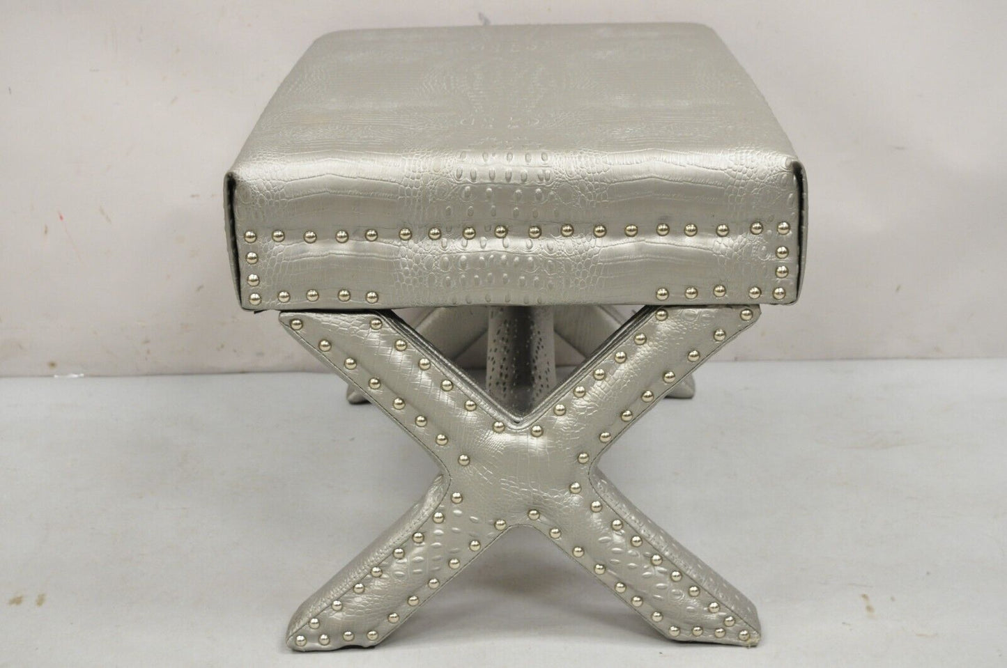 Decorator Hollywood Regency Faux Croc Silver X-Base Nailhead Trim Bench Stool