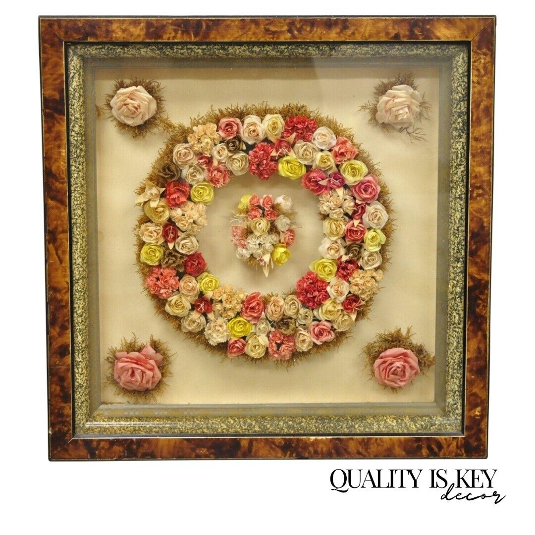 Antique Victorian Paper Mache Flower Mourning Wreath Shadow Box Frame Oddity