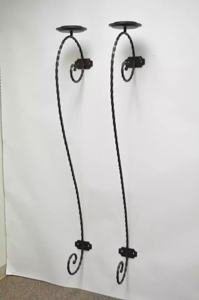 Large Scrolling Twisted Wrought Iron Candle Holder Wall Mounted Sconces - a Pair