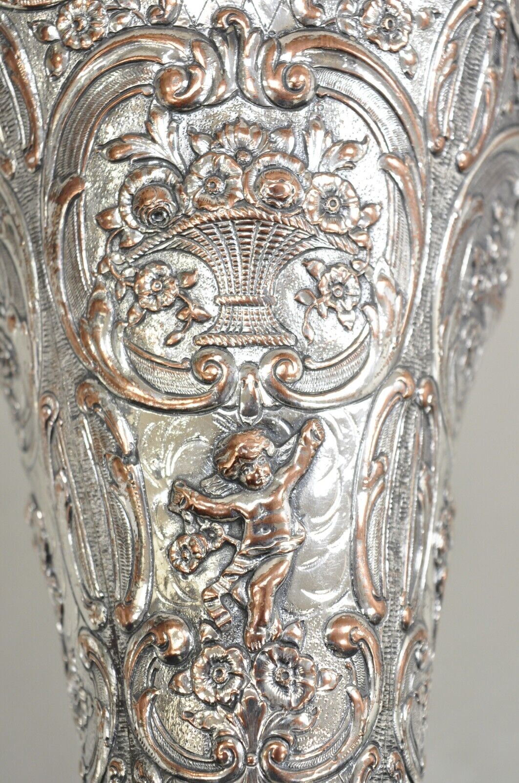 Antique English Victorian Repousse Silver Plated Cherub Vase Brides Basket