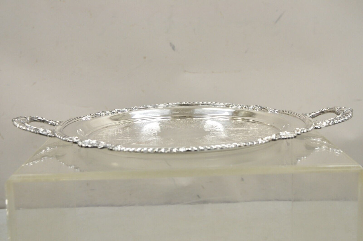 Vintage Sheffield Victorian Style Silver Plated Round Twin Handle Platter Tray