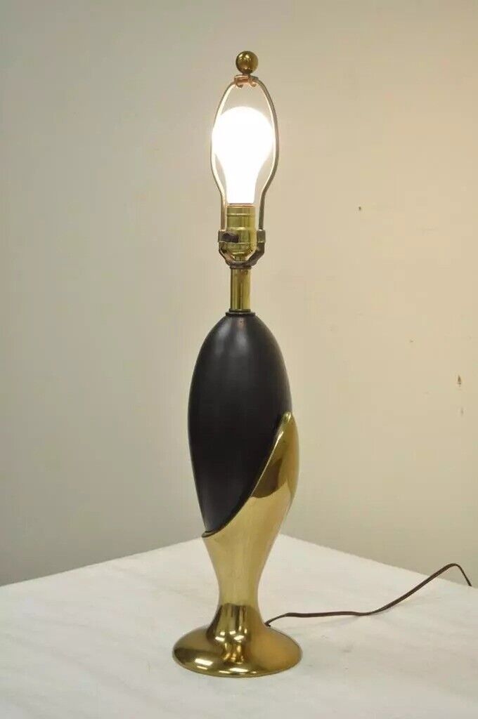 Vintage Mid Century Modern Art Deco Brass Black Metal Egg Nouveau Table Lamp