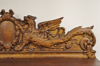 Antique Victorian Figural Lion & Griffin Carved Oak Wood Sideboard Buffet