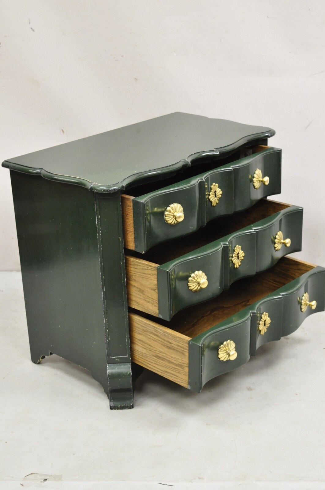 Vintage French Provincial Style Green Lacquer 3 Drawer Nightstand by Roundtree