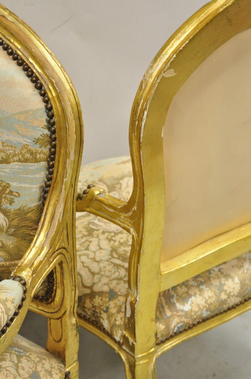 Vintage French Louis XV Style Gold Giltwood Tapestry Fabric Arm Chairs - a Pair