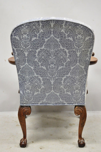 Chippendale Georgian Style Ball & Claw Carved Mahogany Blue Upholstery Arm Chair