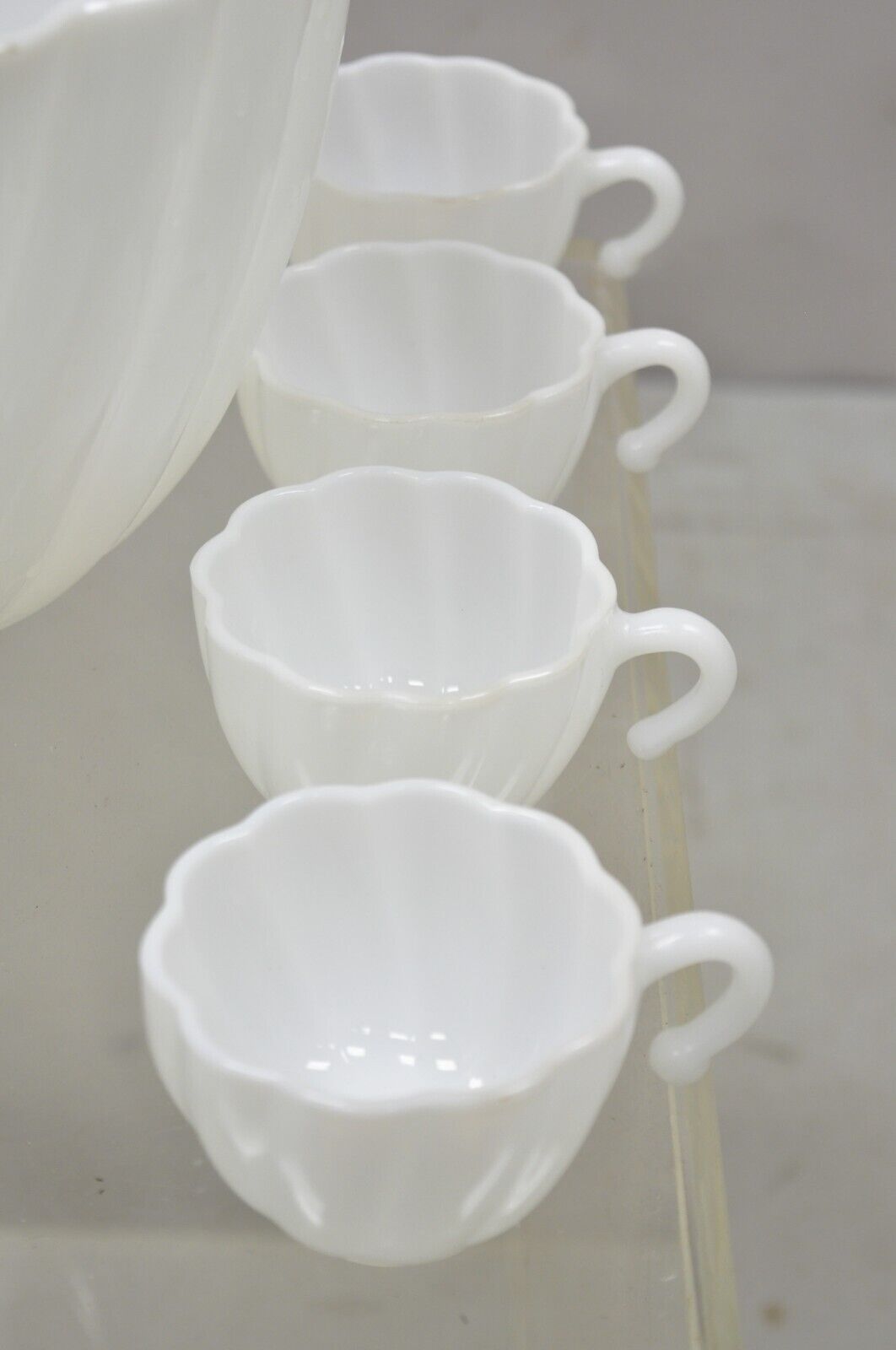 Hazel Atlas White Apline Swirl Punch Bowl Set 9 Hook Handle Cups - 10 pcs