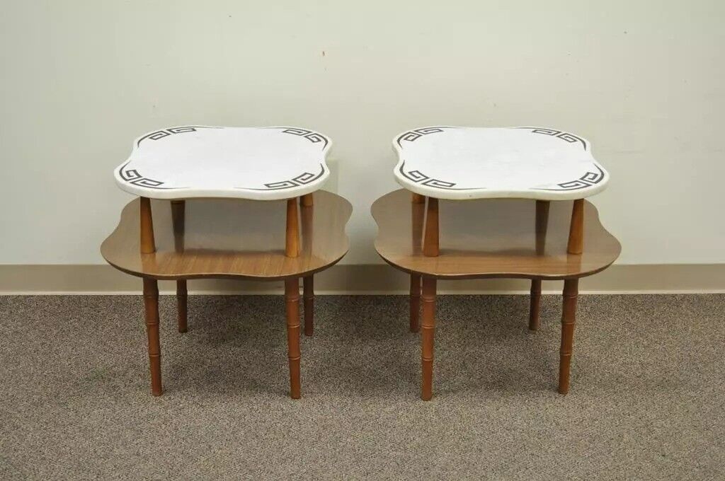 Vintage Hollywood Regency Greek Key Marble Faux Bamboo Wood End Tables - Pair