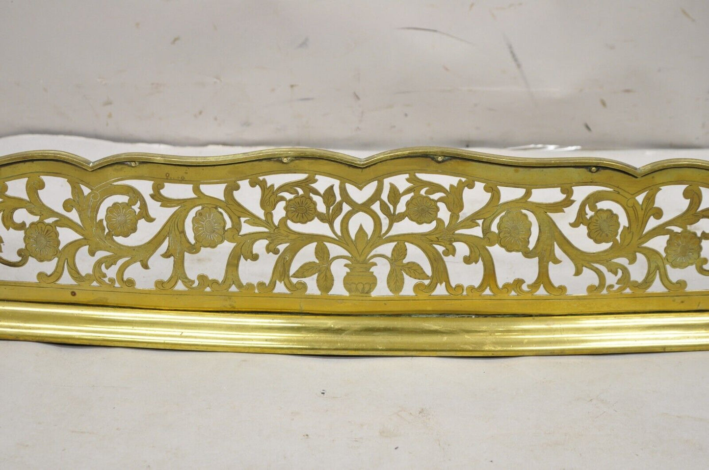 Antique French Renaissance Brass Figural Floral 67" Fireplace Surround Fender