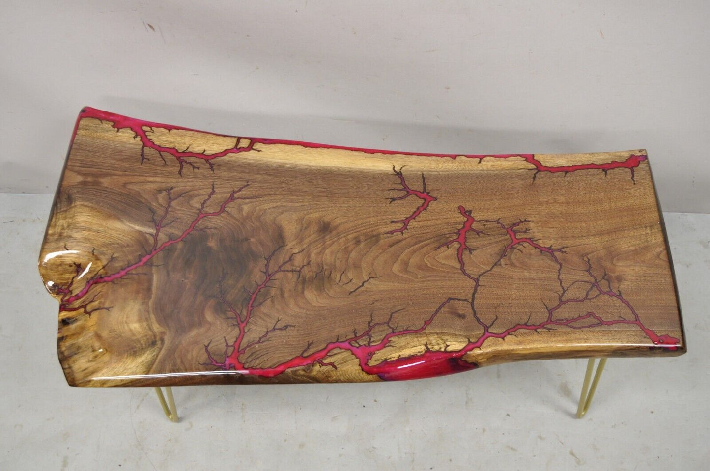 Live Edge Black Walnut Surfboard Coffee Table Red Resin Lacquer Hairpin Legs