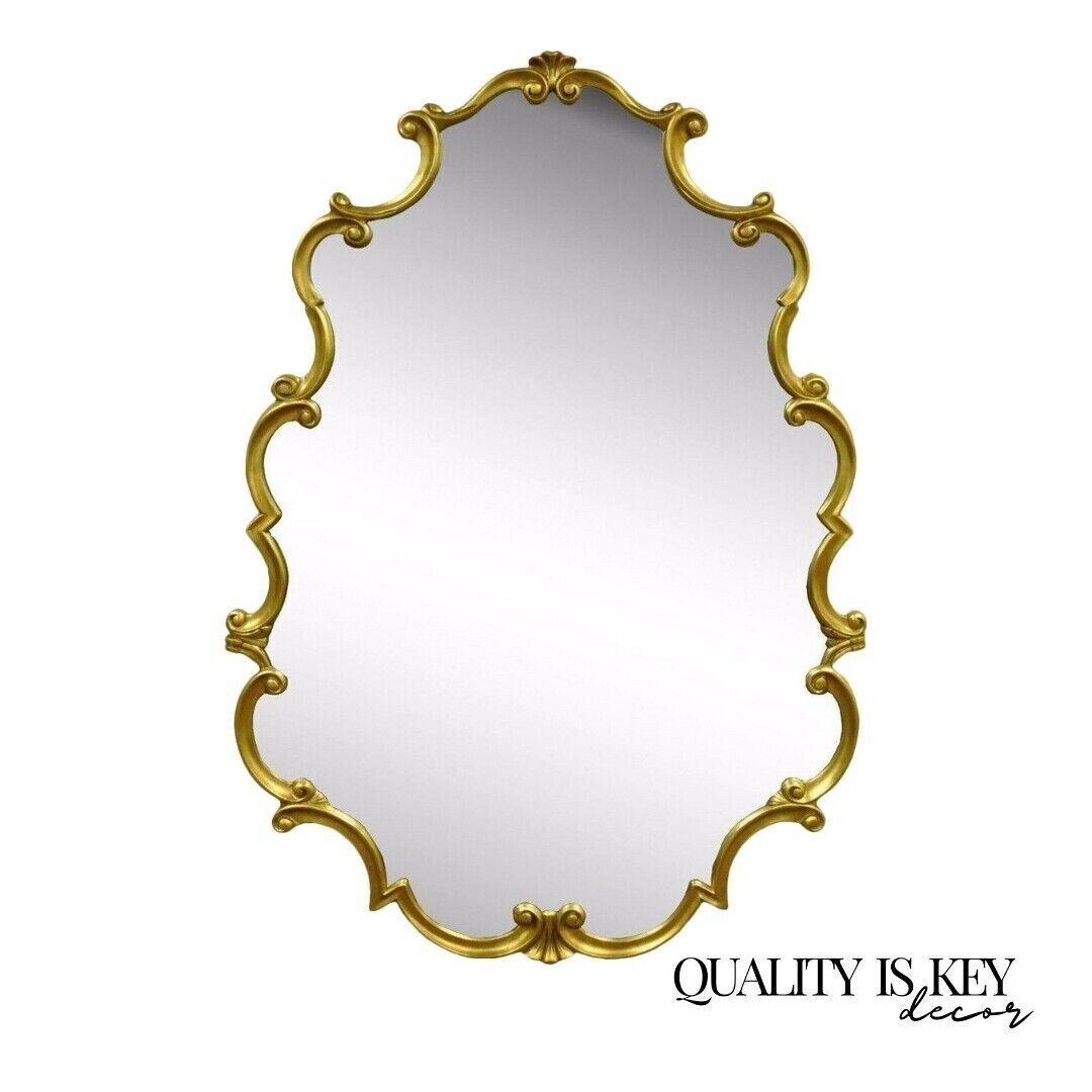 Vintage Hollywood Regency French Style Gold Carved Wood Scrollwork Wall Mirror