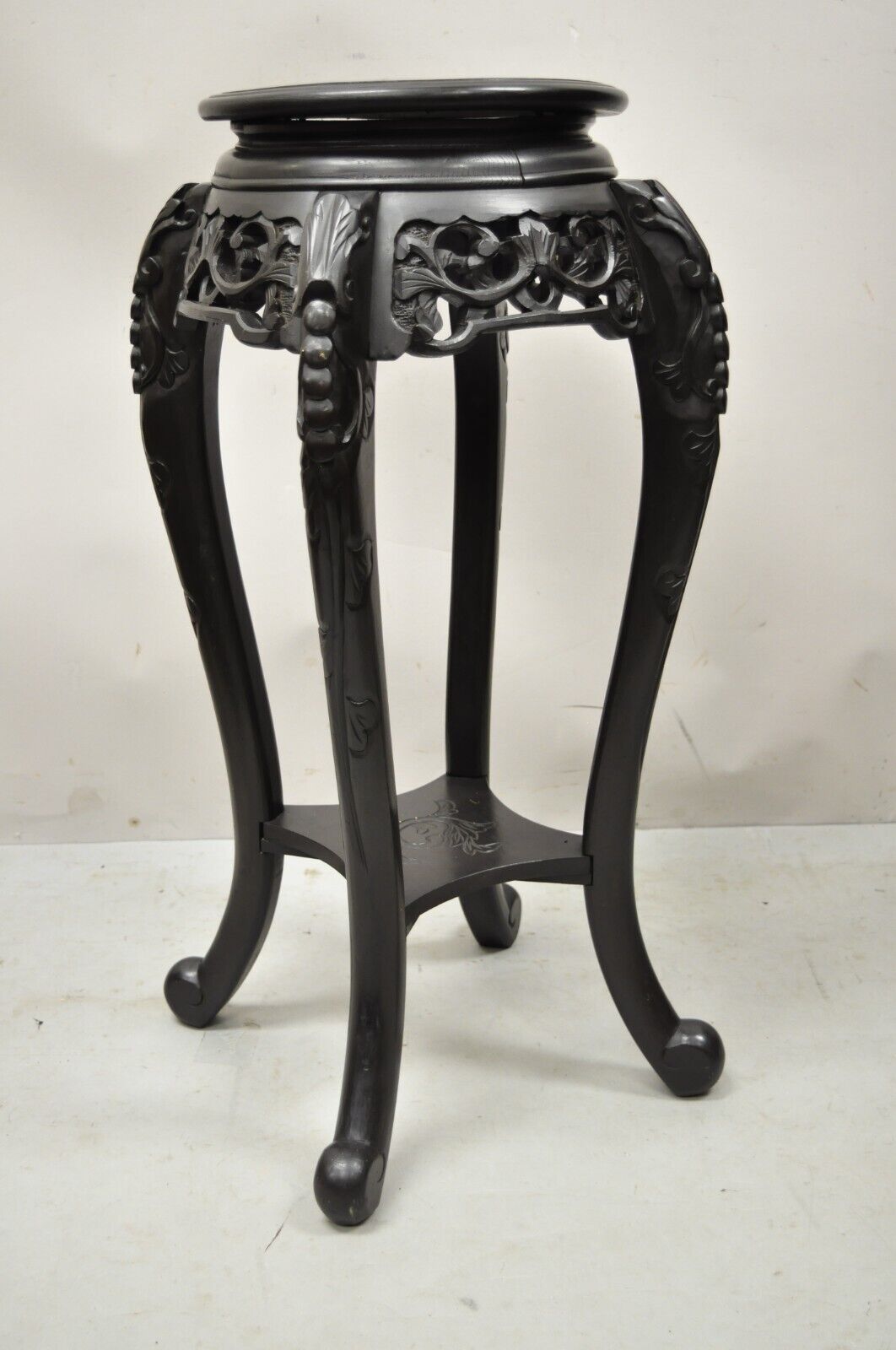 Japanese Carved Wood Black Ebonized 28" Plant Stand Side Table Lacquer Top