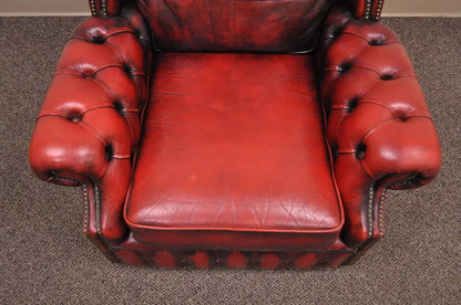 Vintage English Chesterfield Style Rolled Arm Red Leather Club Lounge Chair