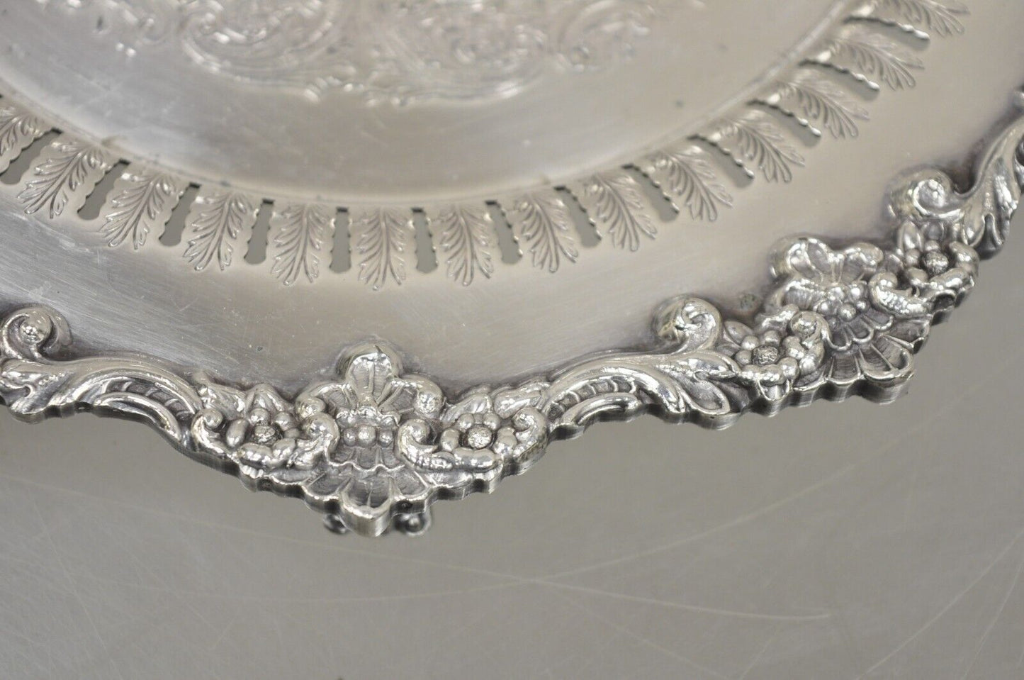 Vintage English Victorian Reticulated Silver Plated Round Footed Serving Tray