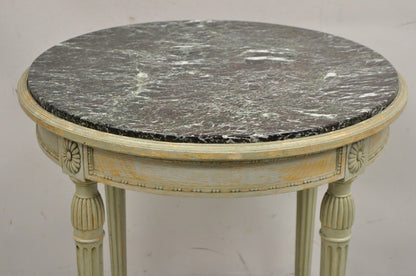 Antique French Louis XVI Style Green Distress Paint Round Marble Top Side Table