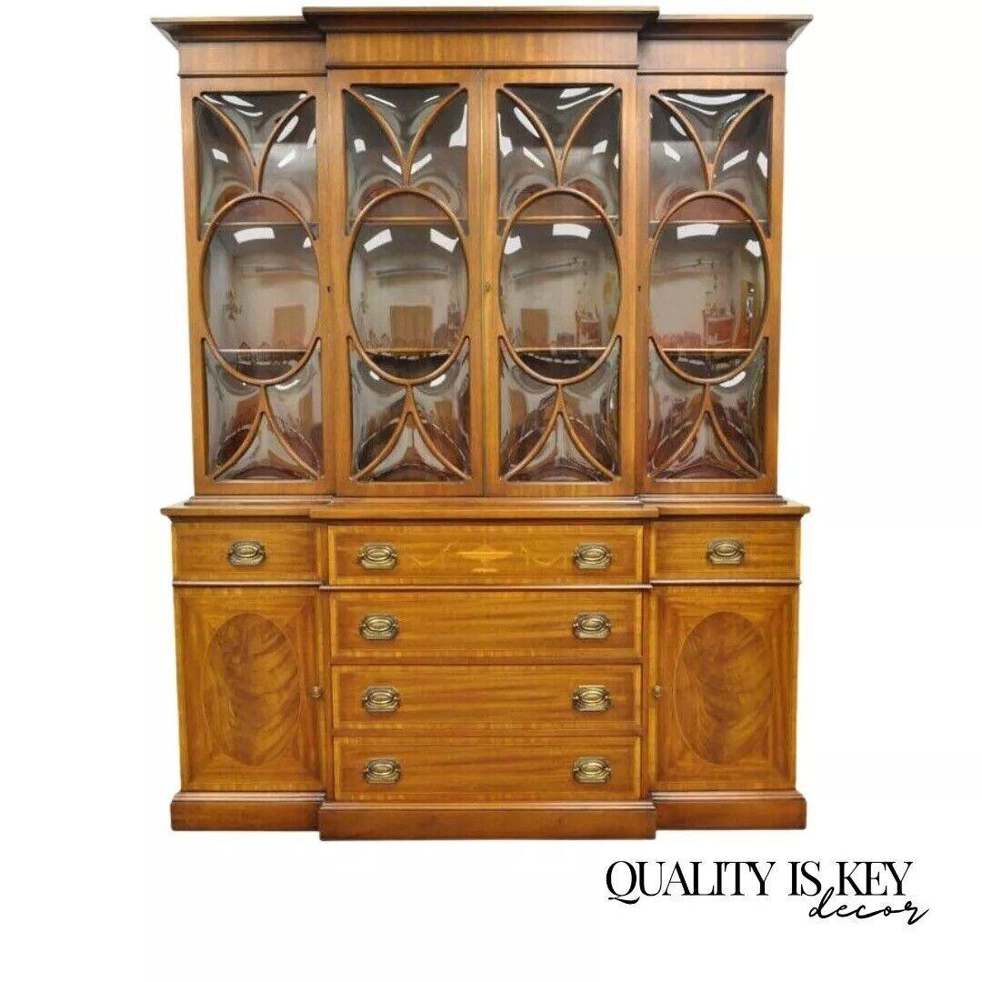 Georgian Style Mahogany Satinwood Inlay Breakfront Bookcase Bubble Glass Cabinet